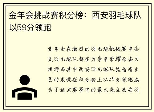 金年会挑战赛积分榜：西安羽毛球队以59分领跑
